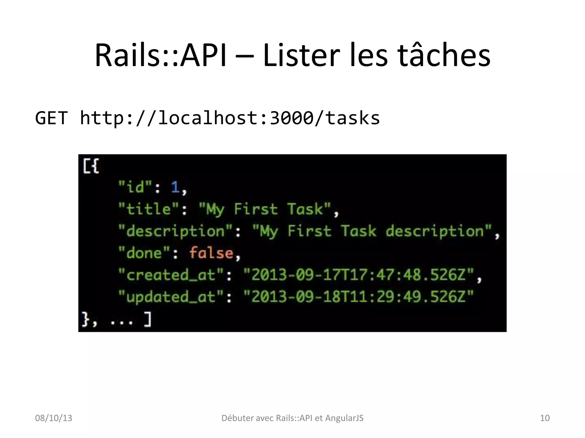 Rails::API – Lister les tâches
GET http://localhost:3000/tasks

08/10/13

Débuter avec Rails::API et AngularJS

10

 