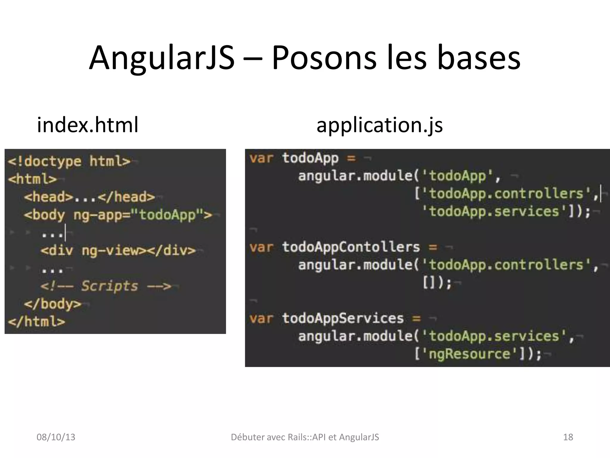 AngularJS – Posons les bases
index.html

08/10/13

application.js

Débuter avec Rails::API et AngularJS

18

 