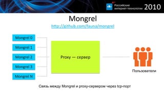 Mongrelhttp://github.com/fauna/mongrelПлюсы:- Простота: один сервер — один запрос- Сервера не связаны между собой- Легко увеличить количество серверов- Работает с JAVA и JRuby
