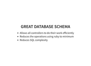 GREAT DATABASE SCHEMAGREAT DATABASE SCHEMA
Allows all controllers to do their work eﬀiciently
Reduces the operations using...