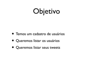 Objetivo
• Temos um cadastro de usuários
• Queremos listar os usuários
• Queremos listar seus tweets
 
