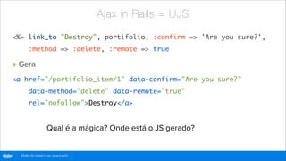 Ajax in Rails = UJS

    <%= link_to "Destroy", portifolio, :confirm => 'Are you sure?',
            :method => :delete, :remote => true

        Gera
    <a href="/portifolio_item/1" data-confirm="Are you sure?"
            data-method="delete" data-remote="true"
            rel="nofollow">Destroy</a>


                      Qual é a mágica? Onde está o JS gerado?


globo
 .com   Rails do básico ao avançado
 