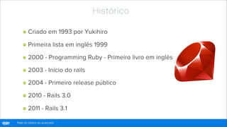 Hist óri co

                Criado em 1993 por Yukihiro

                Primeira lista em inglês 1999

                2000 - Programming Ruby - Primeiro livro em inglês

                2003 - Início do rails

                2004 - Primeiro release público

                2010 - Rails 3.0

                2011 - Rails 3.1

globo
 .com   Rails do básico ao avançado
 