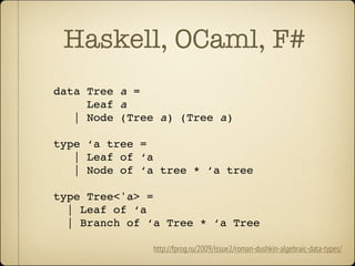 Haskell, OCaml, F#
data Tree a =
!    Leaf a
! | Node (Tree a) (Tree a)

type ‘a tree =
! | Leaf of ‘a
! | Node of ‘a tree...