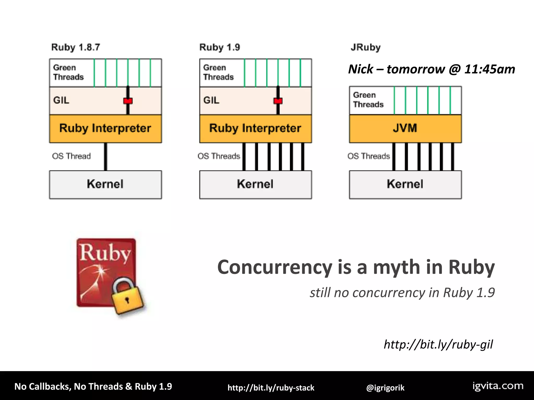 Nick – tomorrow @ 11:45amConcurrency is a myth in Rubystill no concurrency in Ruby 1.9http://bit.ly/ruby-gil