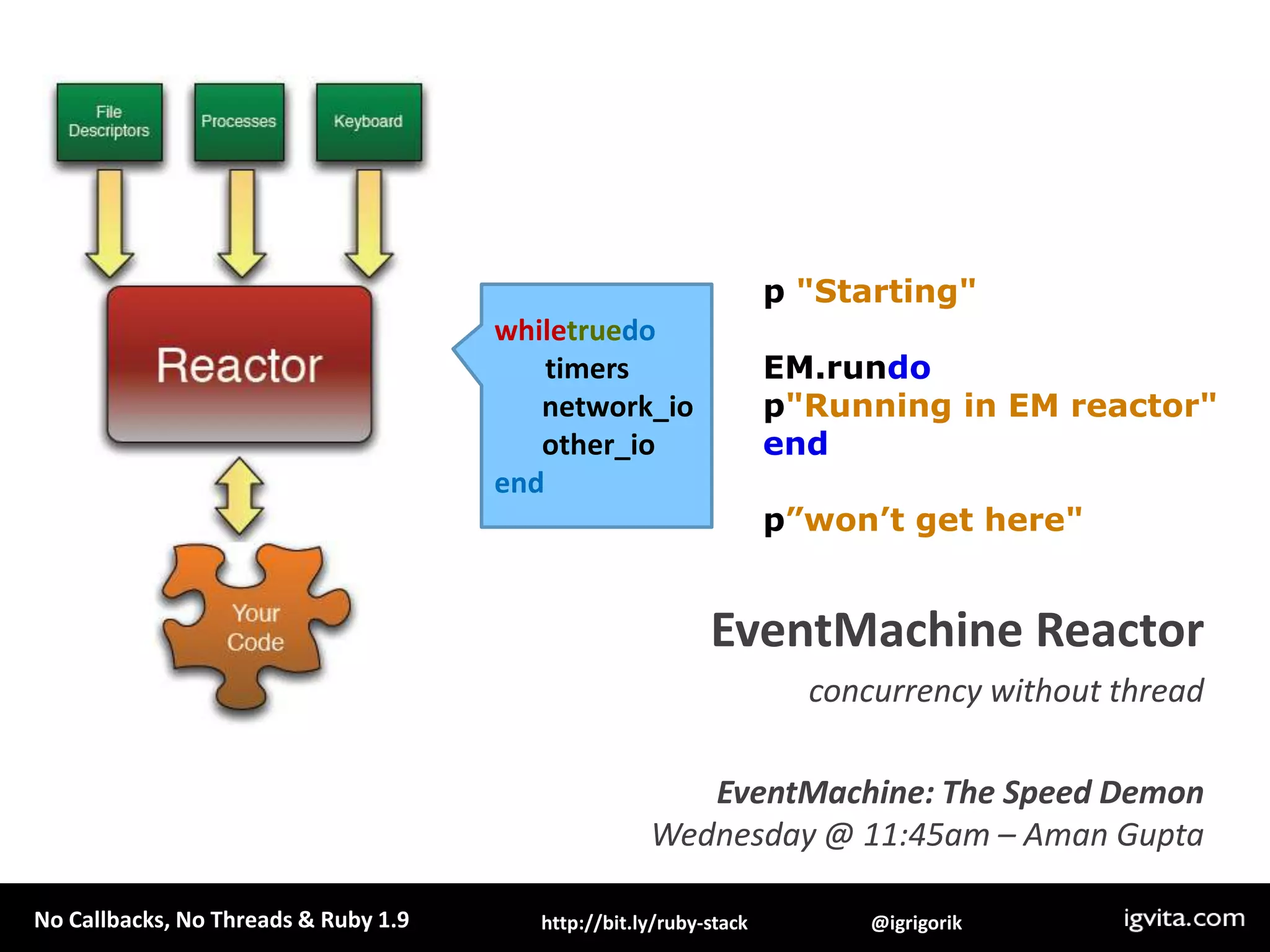 p "Starting"EM.rundop"Running in EM reactor"endp”won’t get here"whiletruedo       timersnetwork_ioother_ioendEventMachine Reactorconcurrency without threadEventMachine: The Speed DemonWednesday @ 11:45am – Aman Gupta