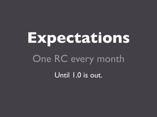 Expectations
One RC every month
    Until 1.0 is out.
 