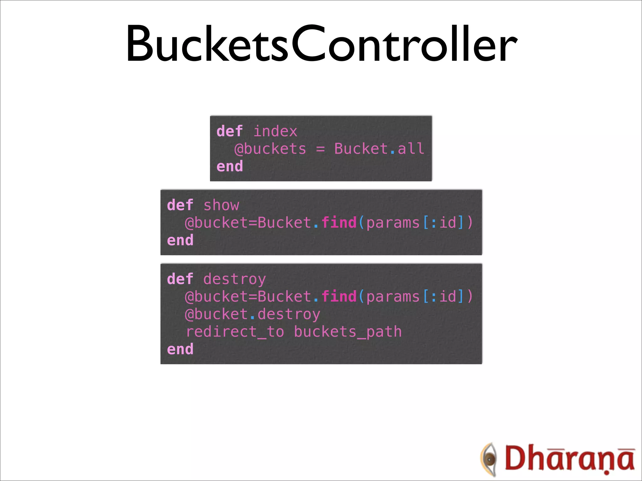 BucketsController def index @buckets = Bucket.all end def show @bucket=Bucket.find(params[:id]) end def destroy @bucket=Bucket.find(params[:id]) @bucket.destroy redirect_to buckets_path end 