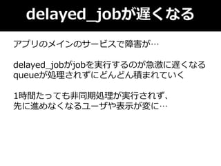 delayed_jobが遅くなる
アプリのメインのサービスで障害が…
delayed_jobがjobを実行するのが急激に遅くなる
queueが処理されずにどんどん積まれていく
1時間たっても非同期処理が実行されず、
先に進めなくなるユーザや表示が変に…
 