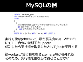 MySQLの例
実行可能なjobの中で、最も優先度の高いやつ1つ
に対して自分の識別子をupdate
成功したら実行権を取得したとしてjobを実行する
他workerが実行権を得るとwhere句から外れる
そのため、実行権を重複して得ることはない
 