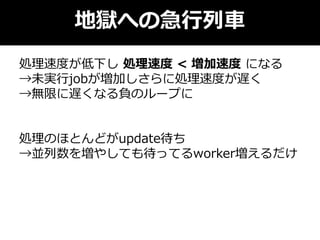 地獄への急行列車
処理速度が低下し 処理速度 < 増加速度 になる
→未実行jobが増加しさらに処理速度が遅く
→無限に遅くなる負のループに
処理のほとんどがupdate待ち
→並列数を増やしても待ってるworker増えるだけ
 