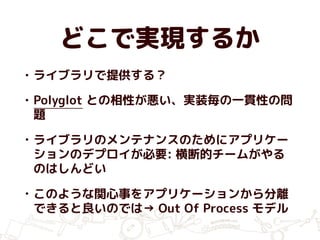どこで実現するか
• ライブラリで提供する？
• Polyglot との相性が悪い、実装毎の一貫性の問
題
• ライブラリのメンテナンスのためにアプリケー
ションのデプロイが必要: 横断的チームがやる
のはしんどい
• このような関心事をアプリケーションから分離
できると良いのでは→ Out Of Process モデル
 