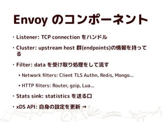 Envoy のコンポーネント
• Listener: TCP connection をハンドル
• Cluster: upstream host 群(endpoints)の情報を持って
る
• Filter: data を受け取り処理をして流す
‣ Network ﬁlters: Client TLS Authn, Redis, Mongo...
‣ HTTP ﬁlters: Router, gzip, Lua...
• Stats sink: statistics を送る口
• xDS API: 自身の設定を更新 →
 