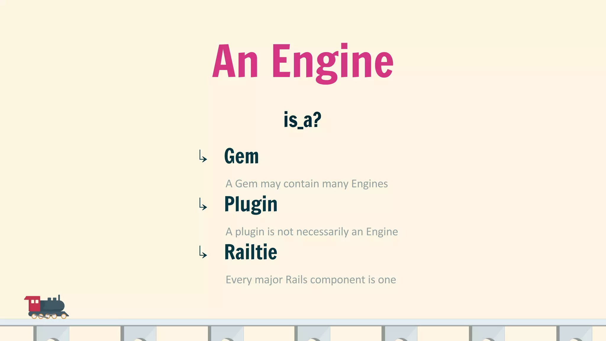 An Engine
is_a?
↳ Gem
↳ Plugin
↳ Railtie
 