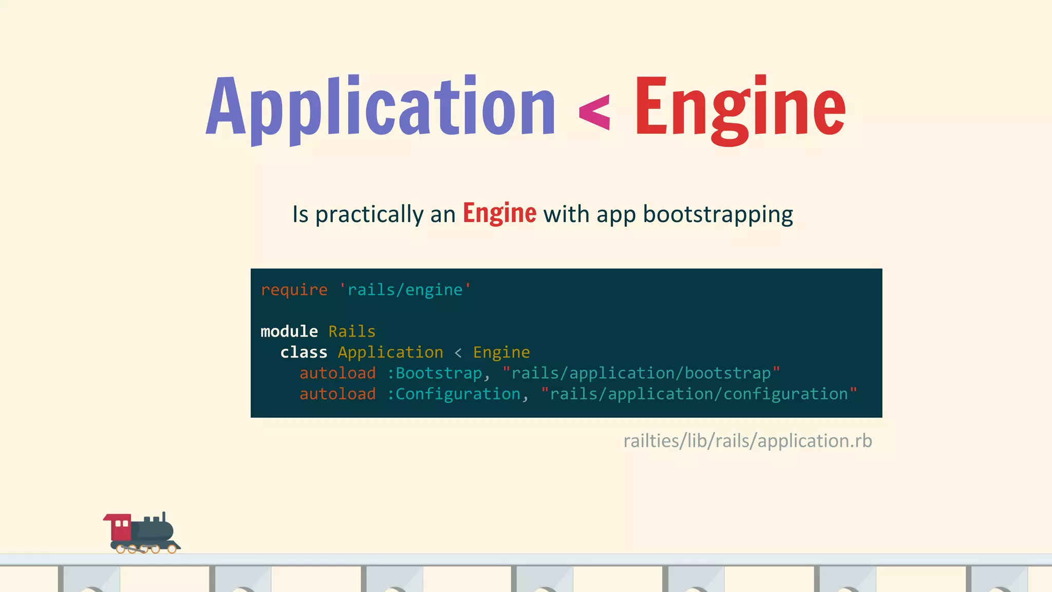 Application < Engine
Engine
require 'rails/engine'
module Rails
class Application < Engine
autoload :Bootstrap, "rails/application/bootstrap"
autoload :Configuration, "rails/application/configuration"
 