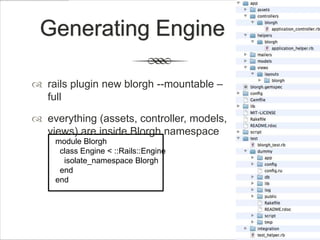 Generating Engine

 rails plugin new blorgh --mountable –
  full

 everything (assets, controller, models,
  views) are inside Blorgh namespace
    module Blorgh
     class Engine < ::Rails::Engine
      isolate_namespace Blorgh
     end
    end
 