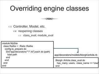 Overriding engine classes

       Controller, Model, etc.
            reopening classes
                 class_eval, module_eval

module MySite
 class Railtie < ::Rails::Railtie
  config.to_prepare do
    Dir["app/decorators/**/*.rb"].each do |path|
     load path                                     app/decorators/models/blorgh/article.rb
    end
  end                                              Blorgh::Article.class_eval do
 end                                                has_many :users, :class_name => „User'
end                                                end
 