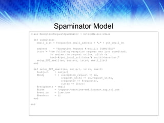 Spaminator Model class ExceptionRequestSpaminator < ActionMailer::Base def submit(ex) email_list = @requester.email_address + "," + get_email_rm subject  = "Exception Request #{ex.id}: SUBMITTED"  intro = "The following exception request was just submitted. To review the request online, click <a  href=#{get_local_url}/show/#{ex.id}>here</a>." setup_ERT_email(ex, subject, intro, email_list) end def setup_ERT_email(ex, subject, intro, email) @subject  = subject @body  = { :exception_request => ex,  :request_units => ex.request_units, :requester => @requester, :intro => intro} @recipients = email @from  = 'support-services-rm@listserv.sup.aol.com @sent_on  = Time.now @headers  = {} end end 