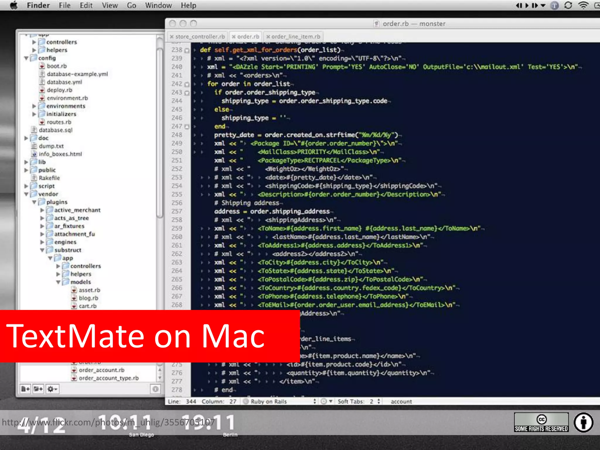 TextMate on Mac http://www.flickr.com/photos/m_uhlig/3556705107 
