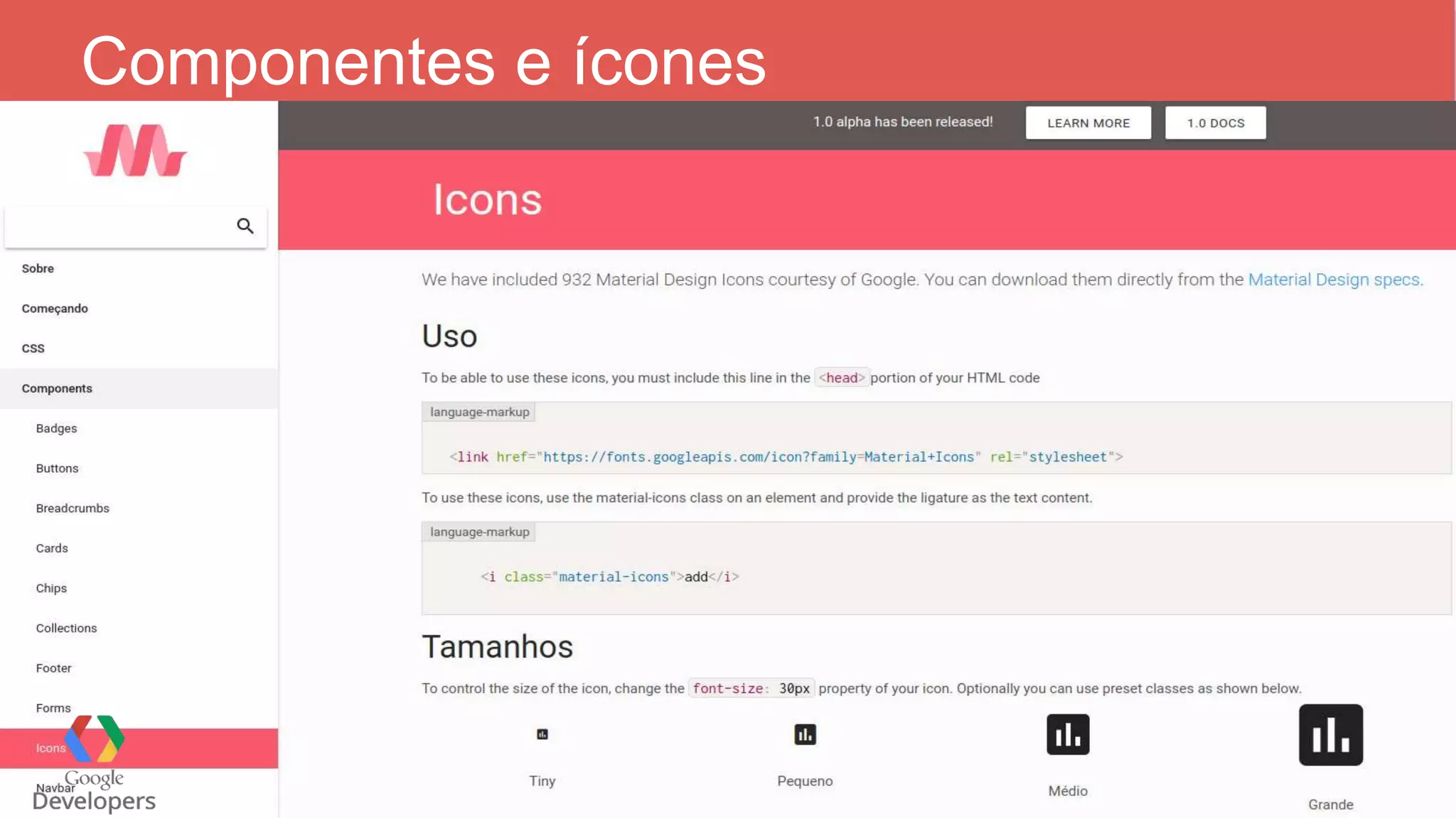 Componentes e ícones 