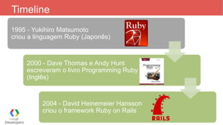 Timeline
1995 - Yukihiro Matsumoto
criou a linguagem Ruby (Japonês)
2000 - Dave Thomas e Andy Hunt
escreveram o livro Prog...