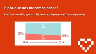 E por que nos metemos nessa?
Em 2014, nos EUA, apenas 26% dos trabalhadores em TI eram mulheres.
 