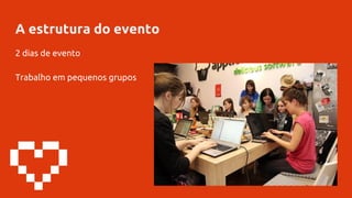A estrutura do evento
2 dias de evento
Trabalho em pequenos grupos
 