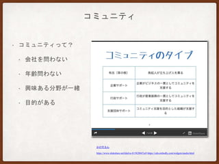 コミュニティ
• コミュニティって？
• 会社を問わない
• 年齢問わない
• 興味ある分野が一緒
• 目的がある
かけださん
https://www.slideshare.net/kkd/ss-81582804?ref=https://cdn.embedly.com/widgets/media.html
 