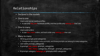 Relationships
▪ Declared in the models
▪ One to one
– Users and social media profiles
▪ A user only has_one Facebook profile, and that profile only belongs_to that user
▪ One to many
– Users and orders
▪ A user has_many orders, and each order only belongs_to that user
▪ Many to many
– Writing prompts and categories
▪ Categories can contain many prompts, and those prompts can belong to many categories
– Join table prompt_categories
– A prompt has_many :prompt_categories
has_many :categories, through: :prompt_categories
– A prompt category belongs_to prompts AND categories
 