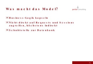 Was macht das Model? Business-Logik kapseln Nicht direkt auf Requests und Sessions zugreifen, höchstens indirekt Schnittstelle zur Datenbank 