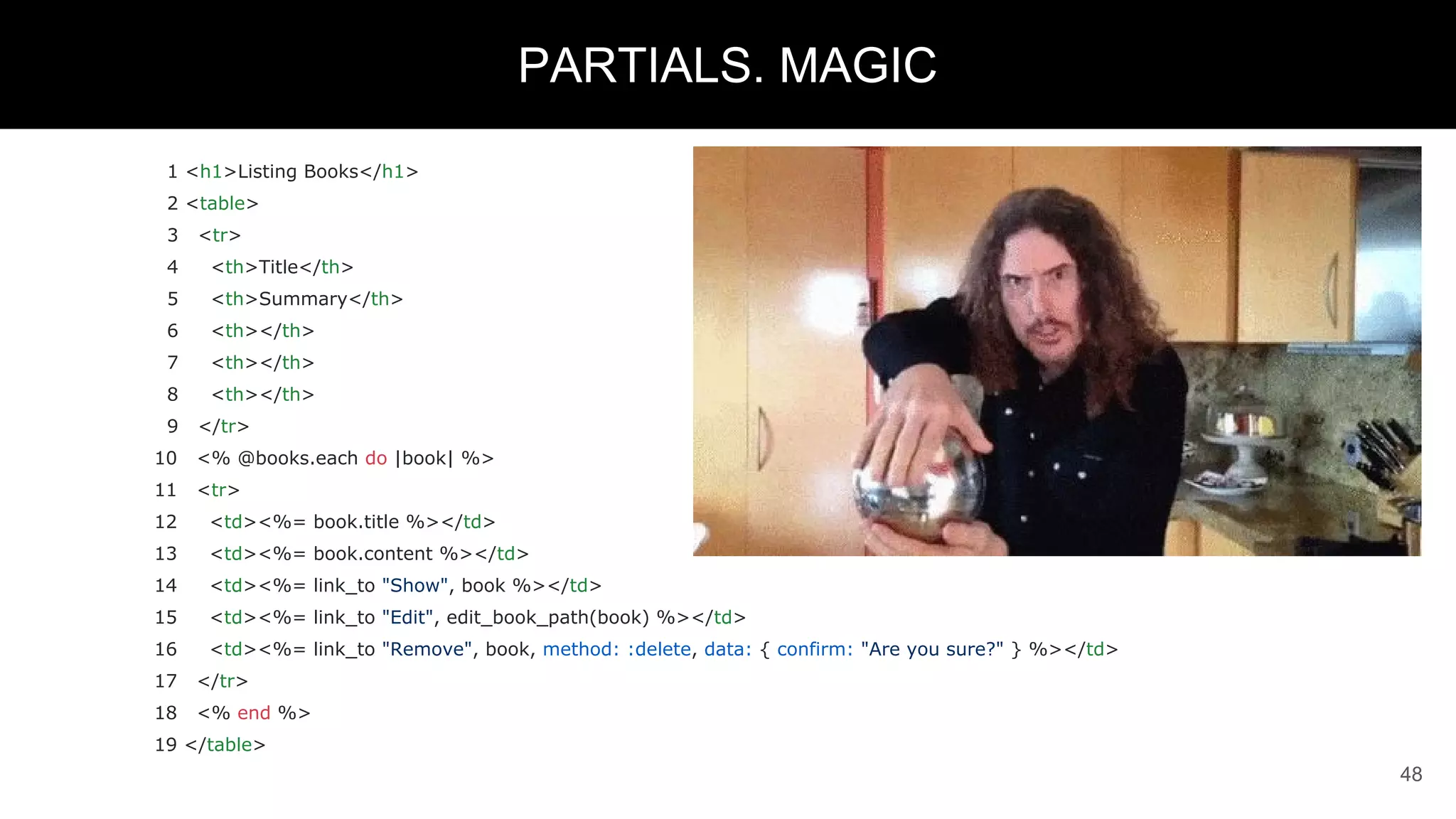 1 <h1>Listing Books</h1>
2 <table>
3 <tr>
4 <th>Title</th>
5 <th>Summary</th>
6 <th></th>
7 <th></th>
8 <th></th>
9 </tr>
10 <% @books.each do |book| %>
11 <tr>
12 <td><%= book.title %></td>
13 <td><%= book.content %></td>
14 <td><%= link_to "Show", book %></td>
15 <td><%= link_to "Edit", edit_book_path(book) %></td>
16 <td><%= link_to "Remove", book, method: :delete, data: { confirm: "Are you sure?" } %></td>
17 </tr>
18 <% end %>
19 </table>
48
PARTIALS. MAGIC
 