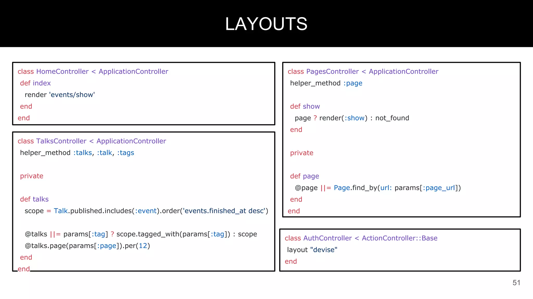 class HomeController < ApplicationController
def index
render 'events/show'
end
end
51
LAYOUTS
class TalksController < ApplicationController
helper_method :talks, :talk, :tags
private
def talks
scope = Talk.published.includes(:event).order('events.finished_at desc')
@talks ||= params[:tag] ? scope.tagged_with(params[:tag]) : scope
@talks.page(params[:page]).per(12)
end
end
class PagesController < ApplicationController
helper_method :page
def show
page ? render(:show) : not_found
end
private
def page
@page ||= Page.find_by(url: params[:page_url])
end
end
class AuthController < ActionController::Base
layout "devise"
end
 