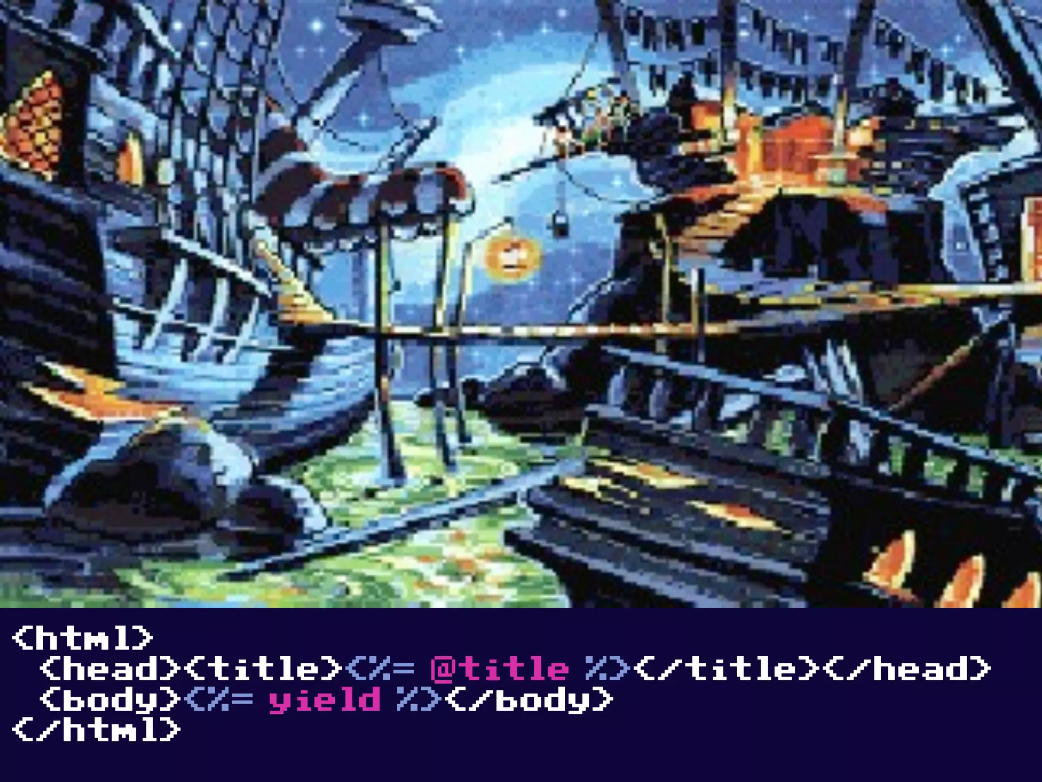 <html>
 <head><title><%= @title %></title></head>
 <body><%= yield %></body>
</html>
 