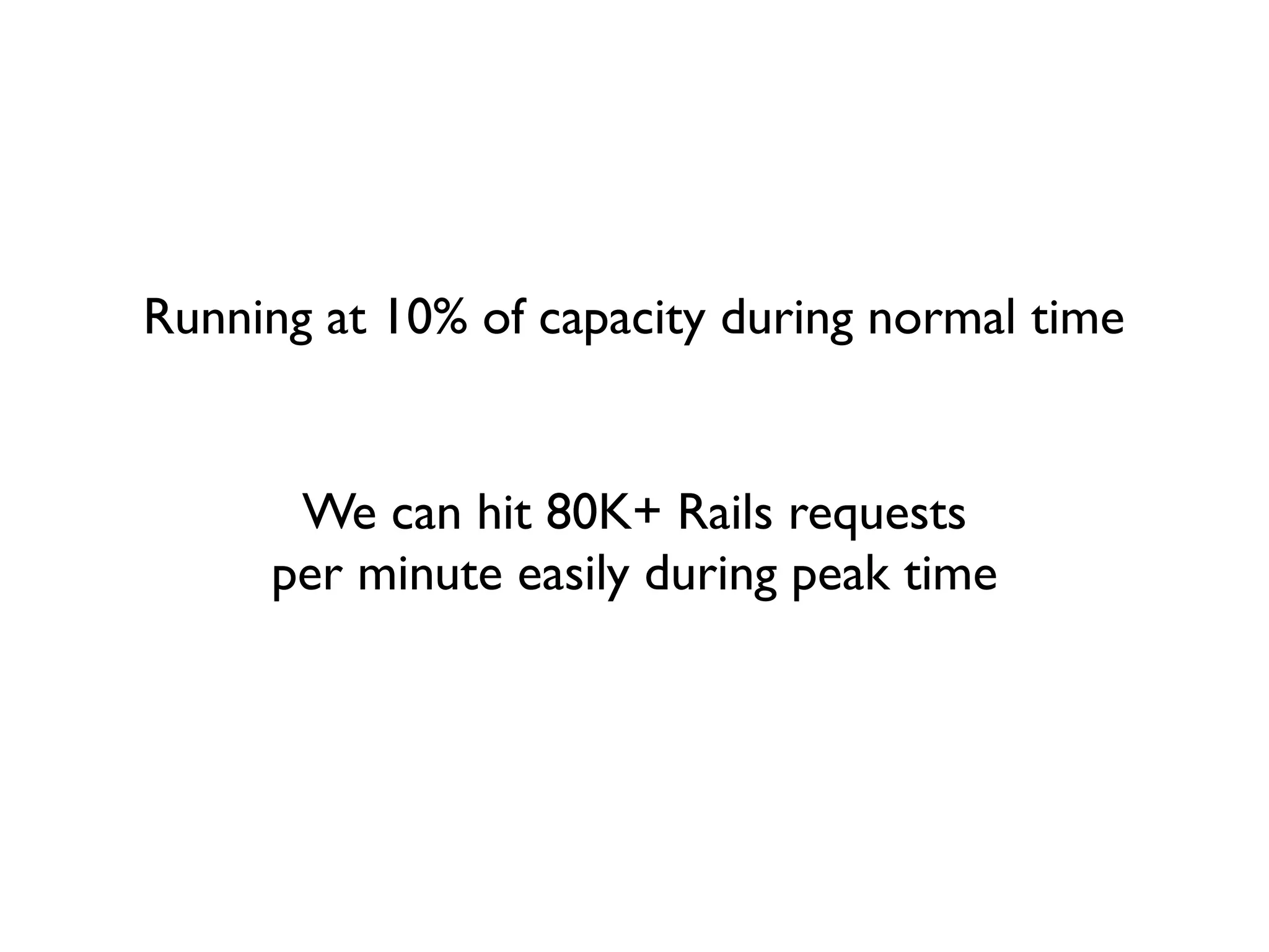Running at 10% of capacity during normal time


      We can hit 80K+ Rails requests
     per minute easily during peak time
 