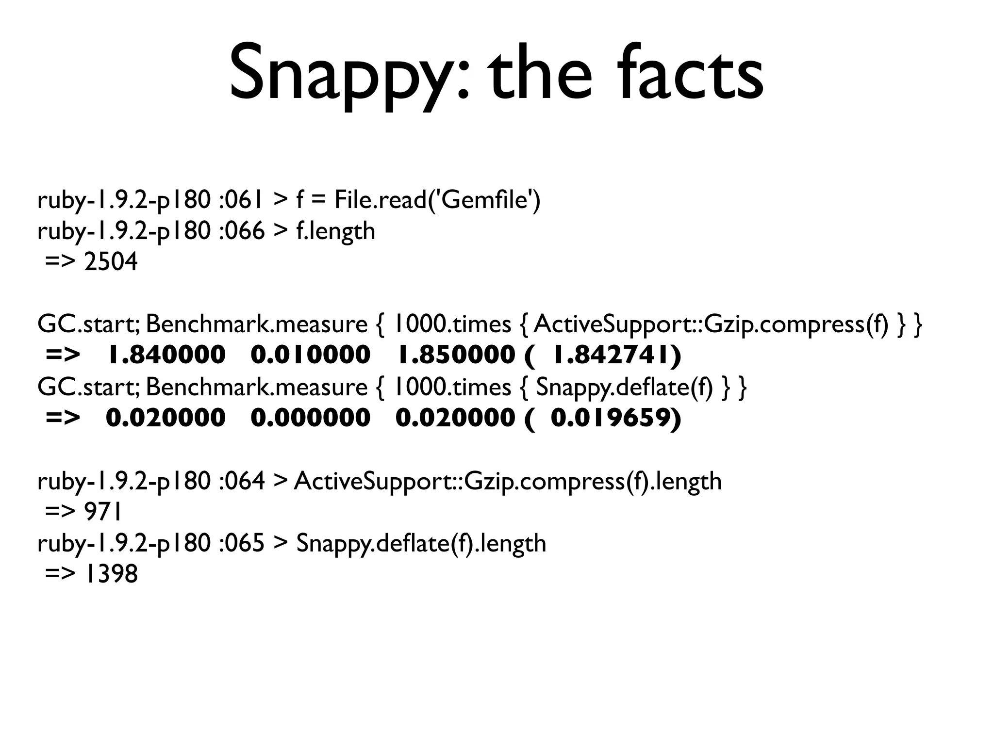 Snappy: the facts
ruby-1.9.2-p180 :061 > f = File.read('Gemﬁle')
ruby-1.9.2-p180 :066 > f.length
 => 2504

GC.start; Benchmark.measure { 1000.times { ActiveSupport::Gzip.compress(f) } }
=> 1.840000 0.010000 1.850000 ( 1.842741)
GC.start; Benchmark.measure { 1000.times { Snappy.deﬂate(f) } }
=> 0.020000 0.000000 0.020000 ( 0.019659)

ruby-1.9.2-p180 :064 > ActiveSupport::Gzip.compress(f).length
 => 971
ruby-1.9.2-p180 :065 > Snappy.deﬂate(f).length
 => 1398
 