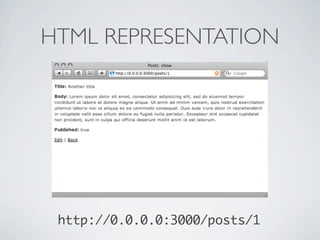 HTML REPRESENTATION




 http://0.0.0.0:3000/posts/1
 