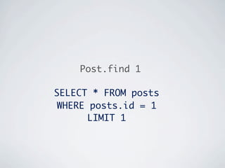 Post.find 1

SELECT * FROM posts
 WHERE posts.id = 1
       LIMIT 1
 