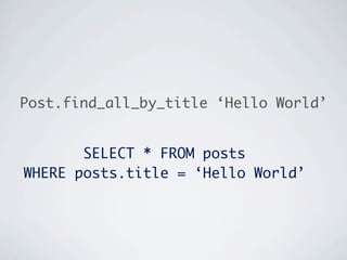 Post.find_all_by_title ‘Hello World’


       SELECT * FROM posts
WHERE posts.title = ‘Hello World’
 