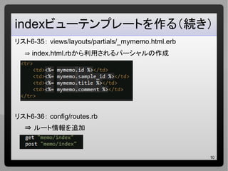 10
indexビューテンプレートを作る（続き）
リスト6-35： views/layouts/partials/_mymemo.html.erb
⇒ index.html.rbから利用されるパーシャルの作成
リスト6-36： config/routes.rb
⇒ ルート情報を追加
 