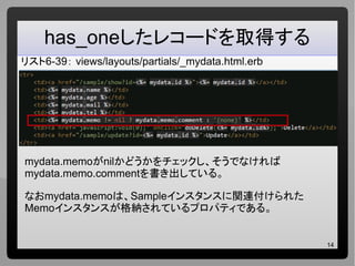 14
has_oneしたレコードを取得する
リスト6-39： views/layouts/partials/_mydata.html.erb
mydata.memoがnilかどうかをチェックし、そうでなければ
mydata.memo.commentを書き出している。
なおmydata.memoは、Sampleインスタンスに関連付けられた
Memoインスタンスが格納されているプロパティである。
 