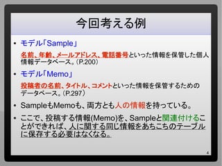 4
今回考える例
● モデル「Sample」
名前、年齢、メールアドレス、電話番号といった情報を保管した個人
情報データベース。（P.200）
● モデル「Memo」
投稿者の名前、タイトル、コメントといった情報を保管するための
データベース。（P.297）
● SampleもMemoも、両方とも人の情報を持っている。
● ここで、投稿する情報(Memo)を、Sampleと関連付けるこ
とができれば、人に関する同じ情報をあちこちのテーブル
に保存する必要はなくなる。
 