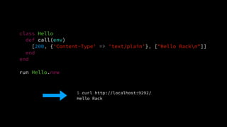 class Hello
def call(env)
[200, {'Content-Type' => 'text/plain'}, ["Hello Rackn"]]
end
end
run Hello.new
$ curl http://localhost:9292/
Hello Rack
 