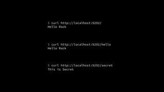 $ curl http://localhost:9292/secret
This is Secret
$ curl http://localhost:9292/hello
Hello Rack
$ curl http://localhost:9292/
Hello Rack
 