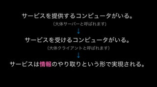 サービスを提供するコンピュータがいる。
（大体サーバーと呼ばれます)
↓
サービスを受けるコンピュータがいる。
（大体クライアントと呼ばれます）
↓
サービスは情報のやり取りという形で実現される。
 