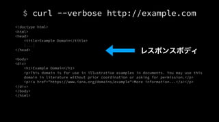 $ curl --verbose http://example.com
<!doctype html>
<html>
<head>
<title>Example Domain</title>
[...]
</head>
<body>
<div>
<h1>Example Domain</h1>
<p>This domain is for use in illustrative examples in documents. You may use this
domain in literature without prior coordination or asking for permission.</p>
<p><a href="https://www.iana.org/domains/example">More information...</a></p>
</div>
</body>
</html>
レスポンスボディ
 