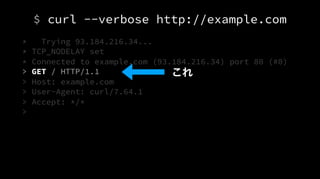 $ curl --verbose http://example.com
* Trying 93.184.216.34...
* TCP_NODELAY set
* Connected to example.com (93.184.216.34) port 80 (#0)
> GET / HTTP/1.1
> Host: example.com
> User-Agent: curl/7.64.1
> Accept: */*
>
これ
 