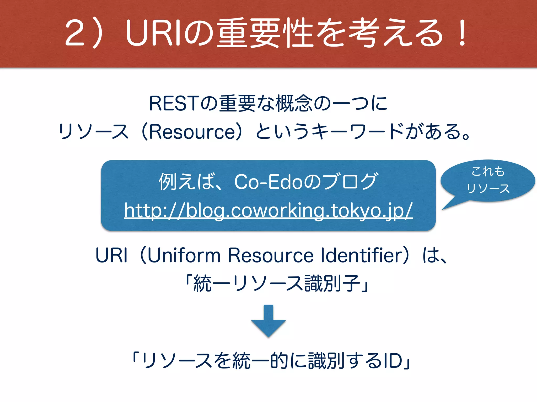 ２）URIの重要性を考える！
URI（Uniform Resource Identiﬁer）は、
「統一リソース識別子」
「リソースを統一的に識別するID」
RESTの重要な概念の一つに
リソース（Resource）というキーワードがある。
例えば、Co-Edoのブログ
http://blog.coworking.tokyo.jp/
これも
リソース
 