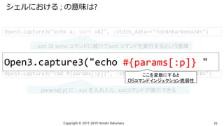 シェルにおける ; の意味は?
Copyright © 2017-2019 Hiroshi Tokumaru 33
Open3.capture3("echo a; sort >&2", :stdin_data=>"foo¥nbar¥nbaz¥n")
; sort は echo コマンドに続けてsort コマンドを実行するという意味
Open3.capture3("cmd #{params[:p]}", :stdin_data=>"foo¥nbar¥nbaz¥n")
params[:p] に ; xxx を入れたら、xxxコマンドが実行できる
Open3.capture3("echo a; sort >&2 "#{params[:p]}
ここを変数にすると
OSコマンドインジェクション脆弱性
 