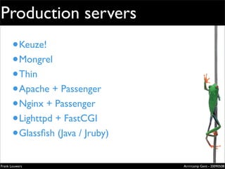 Production servers
       • Keuze!                                           Extremely
                                                          evolved
       • Mongrel                                          solutions


       • Thin
                                                          Lorem ipsum dolor sit amet, cons
                                                          ectetuer adipiscing elit. Donec
                                                          sagittis sagittis urna. Aliquam ipsum.

                                                          Nunc in leo sed ante lacinia volutpat.

                                                          Pellentesque urna diam, aliquet




       • Apache + Passenger
                                                          non, ullamcorper ut, volutpat lacinia,
                                                          purus.




       • Nginx + Passenger
       • Lighttpd + FastCGI
       • Glassﬁsh (Java / Jruby)
                                                          Zilverenberg 39 - B-9000 Gent - Belgium
                                                          Tel: +32 9 225 82 91 - Fax: +32 9 224 46 57




Frank Louwers                                                                                  Arrrrcamp Gent - 20090508
                                   pub_openminds.indd 1                                                            11/15/06 10:53:5
 