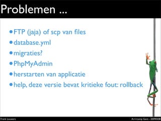 Problemen ...
       • FTP (jaja) of scp van ﬁles                          Extremely
                                                             evolved
       • database.yml                                        solutions


       • migraties?
                                                             Lorem ipsum dolor sit amet, cons
                                                             ectetuer adipiscing elit. Donec
                                                             sagittis sagittis urna. Aliquam ipsum.

                                                             Nunc in leo sed ante lacinia volutpat.

                                                             Pellentesque urna diam, aliquet




       • PhpMyAdmin
                                                             non, ullamcorper ut, volutpat lacinia,
                                                             purus.




       • herstarten van applicatie
       • help, deze versie bevat kritieke fout: rollback
                                                             Zilverenberg 39 - B-9000 Gent - Belgium
                                                             Tel: +32 9 225 82 91 - Fax: +32 9 224 46 57




Frank Louwers                                                                                     Arrrrcamp Gent - 20090508
                                      pub_openminds.indd 1                                                            11/15/06 10:53:5
 